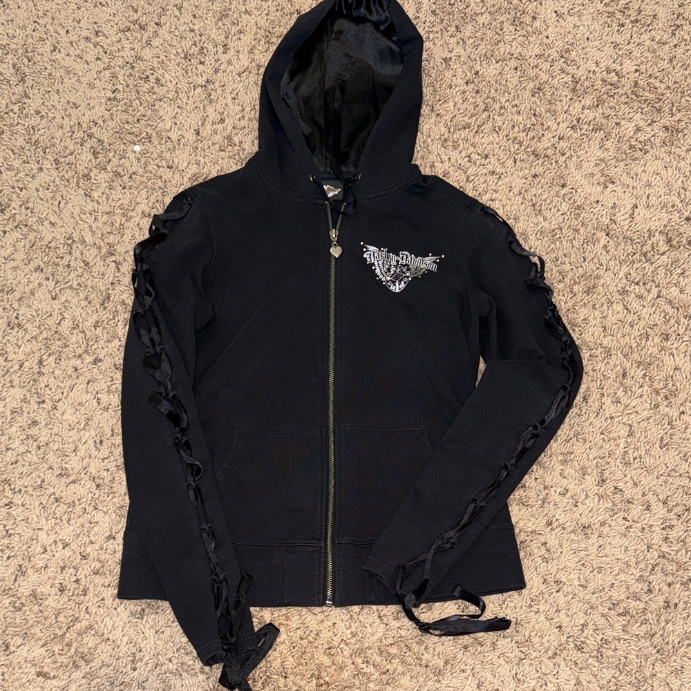 Harley-Davidson Black Hoodie with Rhinestone Embellishments